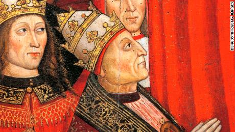 UNSPECIFIED - DECEMBER 16: Pope Alexander VI (1431-1504) and those who wielded power in the empire and the papacy, detail of The Madonna of the Recommended, 1500, by Cola da Orte and Giovanni Antonio da Roma, tempera on panel. Orte, Museo Diocesano D&#39;Arte Sacra (Diocesan Art Museum) (Photo by DeAgostini/Getty Images)