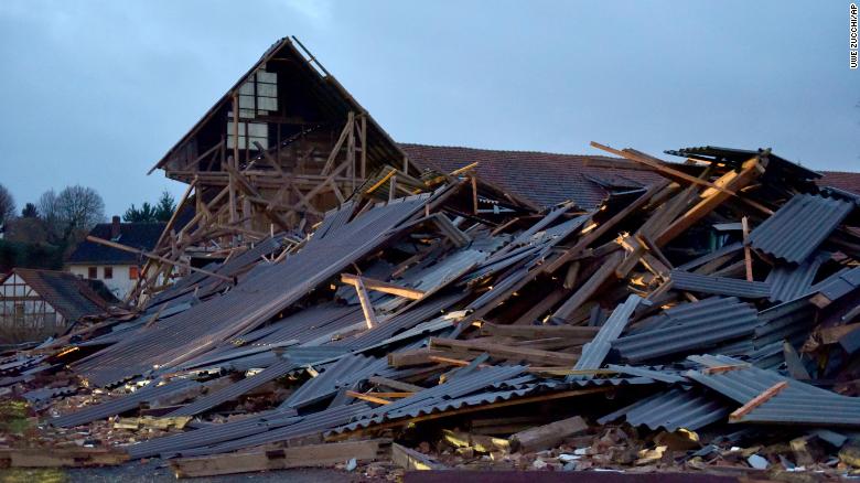 An agricultural building  collapsed during a heavy storm in Meimbressen, central Germany, on Thursday.