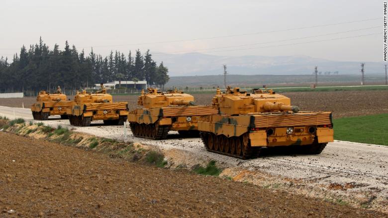 Turkish forces entered the Afrin region along with the Turkish-backed Free Syrian Army, according to the Turkish state-run Anadolu Agency. Here, tanks are seen being transported to Hatay, southern Turkey, a province bordering Syria. 
