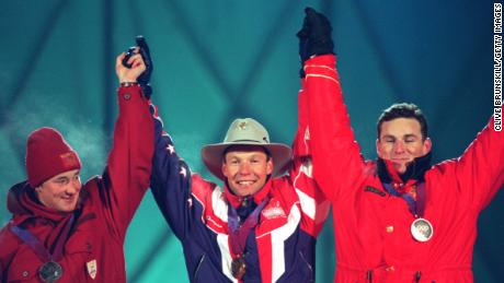 Moe (center) downed local hero Kjetil Andre Aamodt (left) and Canada's Ed Podivinsky.