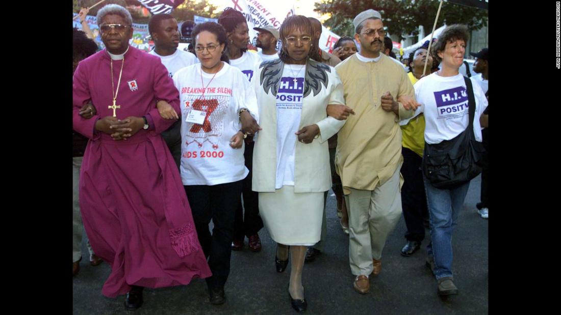 Madikizela-Mandela leads a protest march during an international AIDS conference in Durban, South Africa, in 2000.