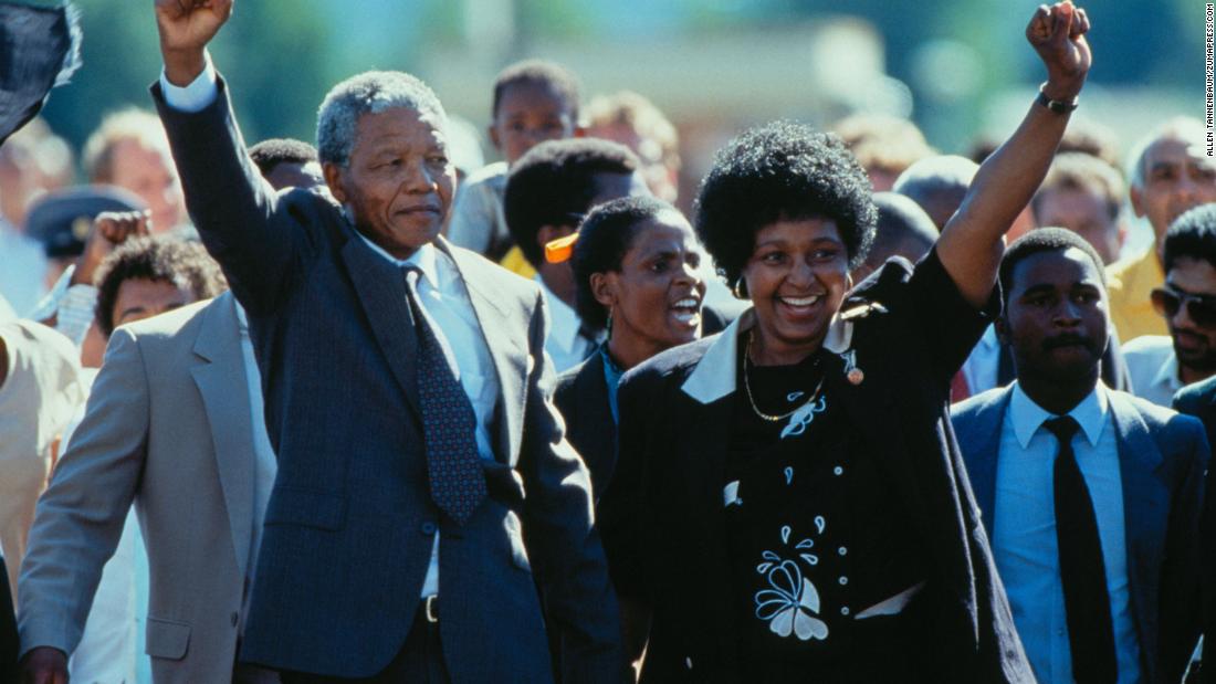 Nelson Mandela is joined by his wife after being released from prison in February 1990.