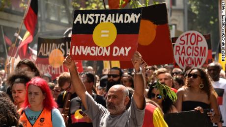 People take part in an &quot;Invasion Day&quot; rally on Australia Day in Melbourne, August 26, 2018.