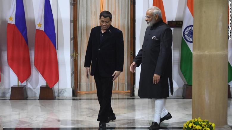 Indian Prime Minister Narendra Modi, right, welcomes the Philippine strongman this week in New Delhi.