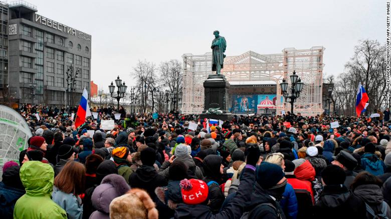 Hundreds of demonstrators fill Pushkinskaya Square in central Moscow.
