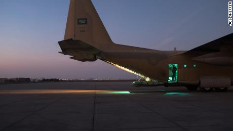 A Saudi C130 Hercules prepares for takeoff at Aden&#39;s airport, once the site of heavy battles between Houthis and the self-proclaimed popular resistance of Aden. 