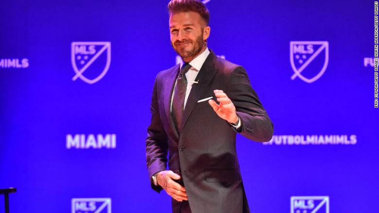David Beckham waves to the crowd at the beginning of the press conference awarding Miami with an MLS franchise at the Knight Concert Hall on January 29, 2018 in Miami, Florida. 