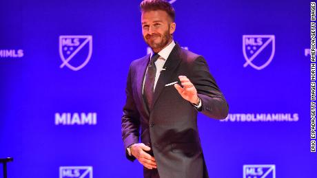 MIAMI, FL - JANUARY 29: David Beckham waves to the crowd at the beginning of the press conference awarding Miami with an MLS franchise at the Knight Concert Hall on January 29, 2018 in Miami, Florida. (Photo by Eric Espada/Getty Images)