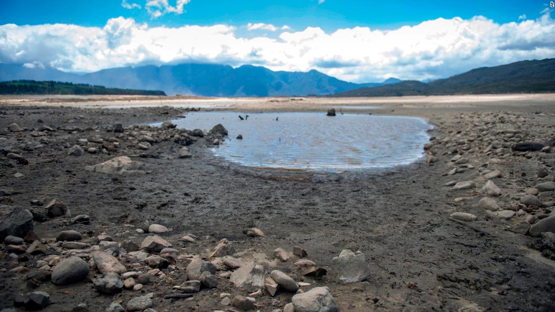 Cape Town&#39;s main water supply, from the Theewaterskloof dam outside Grabouw, is seen drying up on January 23.