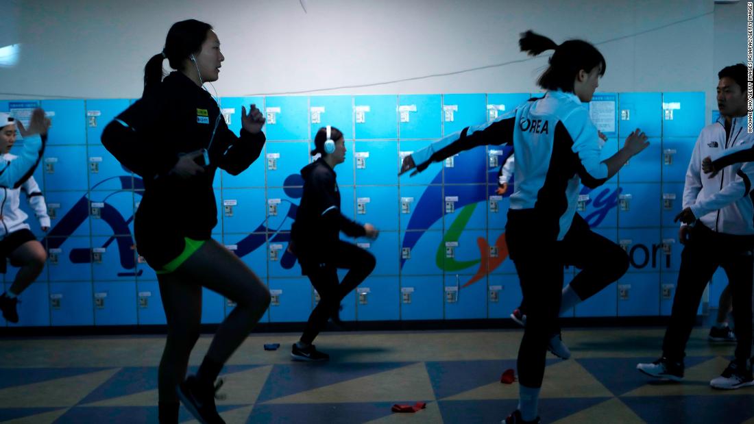 The Korean team warms up before the friendly match at Seonhak International Ice Rink on February 4, 2018 in Incheon.