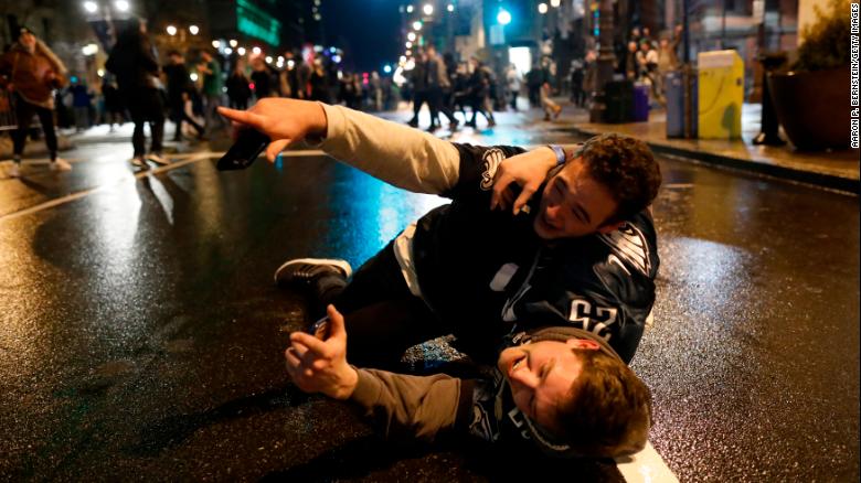 Fans celebrate in Center City after the Philadelphia Eagles won the Super Bowl. 