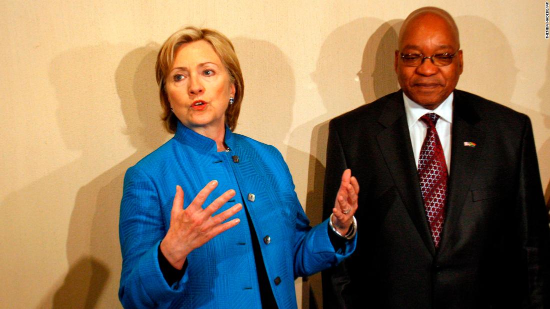 US Secretary of State Hillary Clinton addresses journalists next to Zuma in August 2009. The two met in Durban, South Africa.