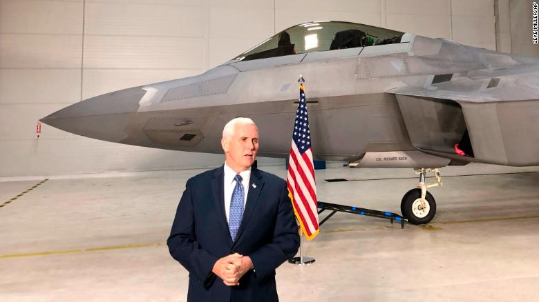 US Vice President Mike Pence addresses the media in front of an F-22 at Joint Base Elmendorf-Richardson, Alaska, Monday, February 5, 2018. 