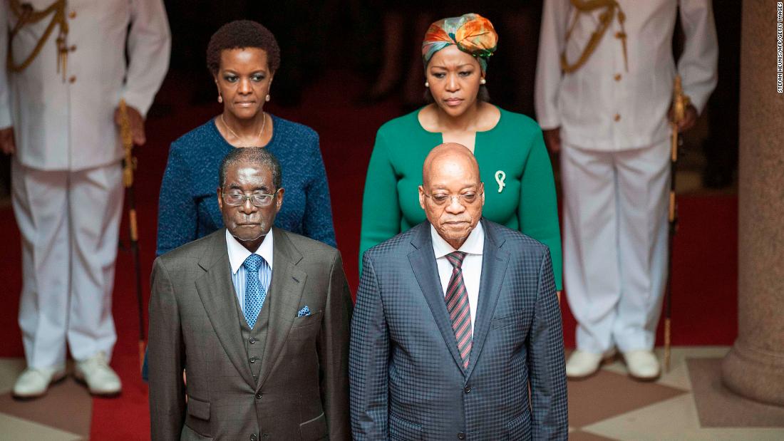 Zuma and his wife Thobeka Mabhija, right, pose with then Zimbabwean President &lt;a href=&quot;http://edition.cnn.com/2013/07/31/africa/gallery/robert-mugabe/index.html&quot; target=&quot;_blank&quot;&gt;Robert Mugabe&lt;/a&gt; and his wife, Grace, as they meet in Pretoria in April 2015.