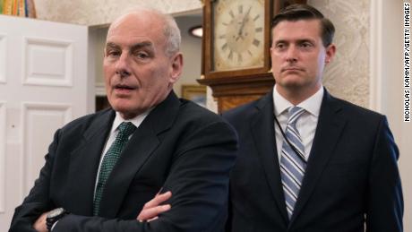 White House senior adviser Jared Kushner (L), White House chief of staff John Kelly (C) and White House staf secretary Rob Porter look on after US President Donald Trump signed a proclamation calling for a national day of prayer on September 3 for those affected by Hurricane Harvey in the Oval Office at the White House in Washington, DC, on September 1, 2017. / AFP PHOTO / NICHOLAS KAMM        (Photo credit should read NICHOLAS KAMM/AFP/Getty Images)