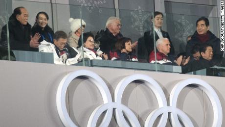 US Vice President Vice President Mike Pence watches the Winter Olympics Opening Ceremony with others, including Kim Yo Jong, the sister of North Korean leader Kim Jong Un.