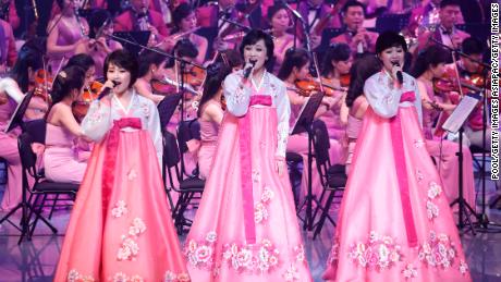 North Korea's Samjiyon Orchestra performs on February 8, 2018 in Gangneung, South Korea.  The performers are staying on a ferry that brough them to South Korea. 