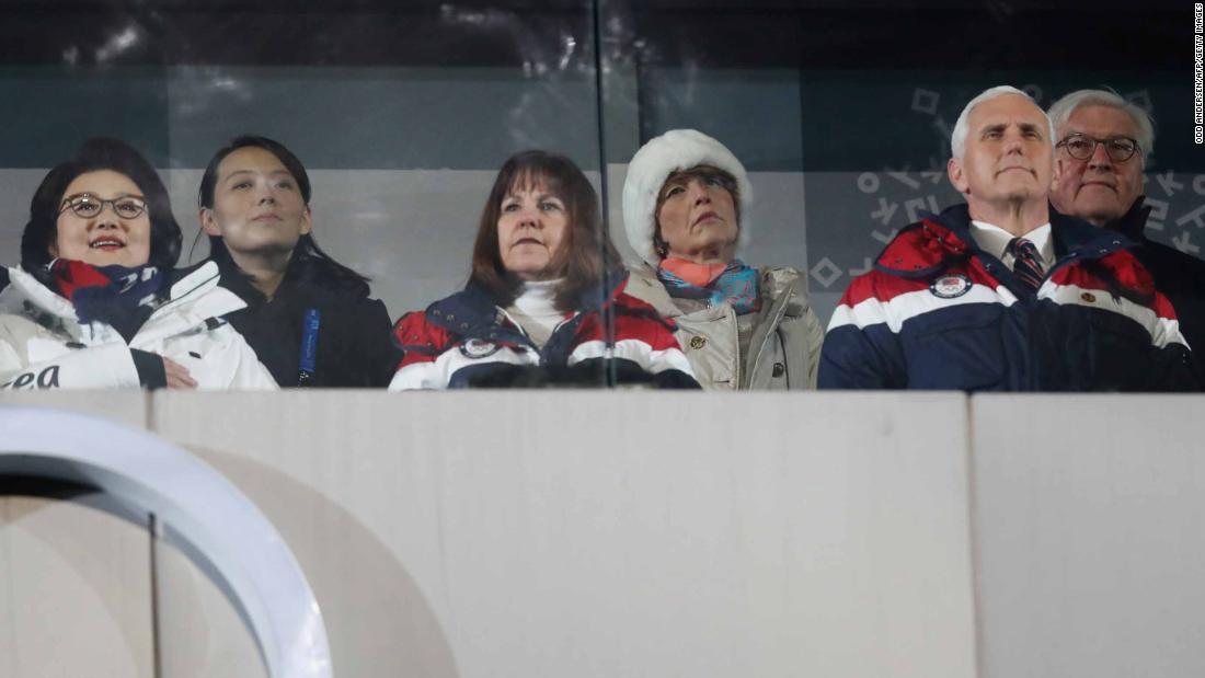 US Vice President Mike Pence, front right, attends the ceremony with his wife, Karen. Kim Yo Jong, the sister of North Korean leader Kim Jong Un, is seated in the back row and on the left. She was a guest of South Korean President Moon Jae-in, not pictured. At left is Moon&#39;s wife, Kim Jung-sook.