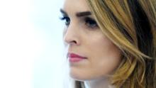 White House communications director Hope Hicks looks on during a meeting between President Trump and Don Bouvet, who has been battling cancer in the Oval Office of the White House, February 9, 2018 in Washington, DC. (Photo by Olivier Douliery-Pool/Getty Images)
