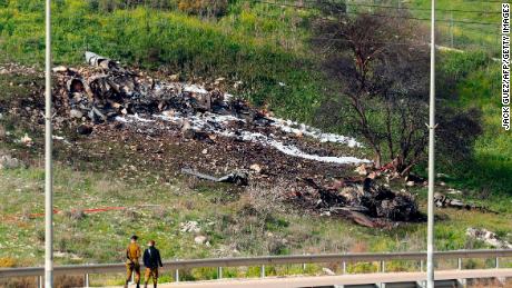 A picture taken in  northern Israel on Saturday shows the remains of the crashed Israeli F-16.