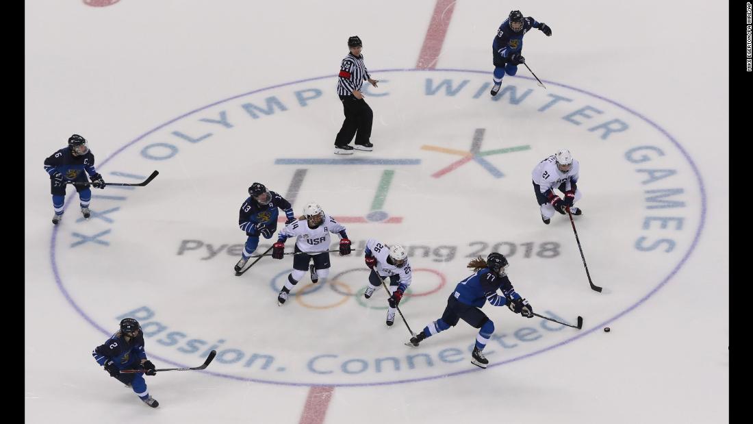 USA battles Finland in the preliminary round of women&#39;s ice hockey. The US women won, 3-1.