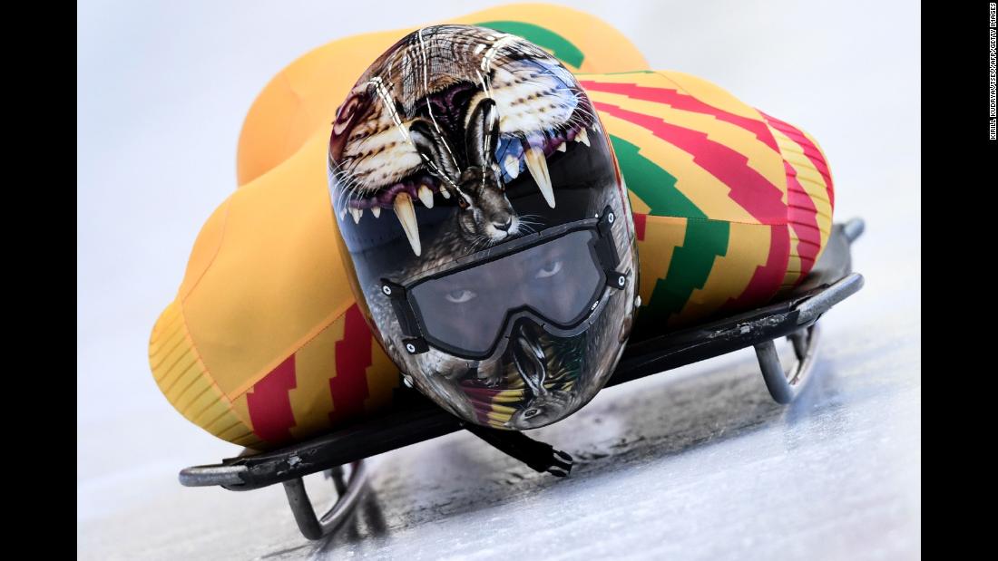 Ghana&#39;s Akwasi Frimpong takes part in a training session for the men&#39;s skeleton event.