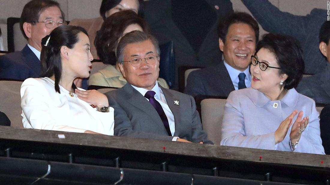 Kim Yo Jong, North Korean leader Kim Jong Un&#39;s sister (at left), talks with South Koran President Moon Jae-in and his wife Kim Jung-sook during a performance of North Korea&#39;s Samjiyon Orchestra at the National Theater in Seoul, South Korea.