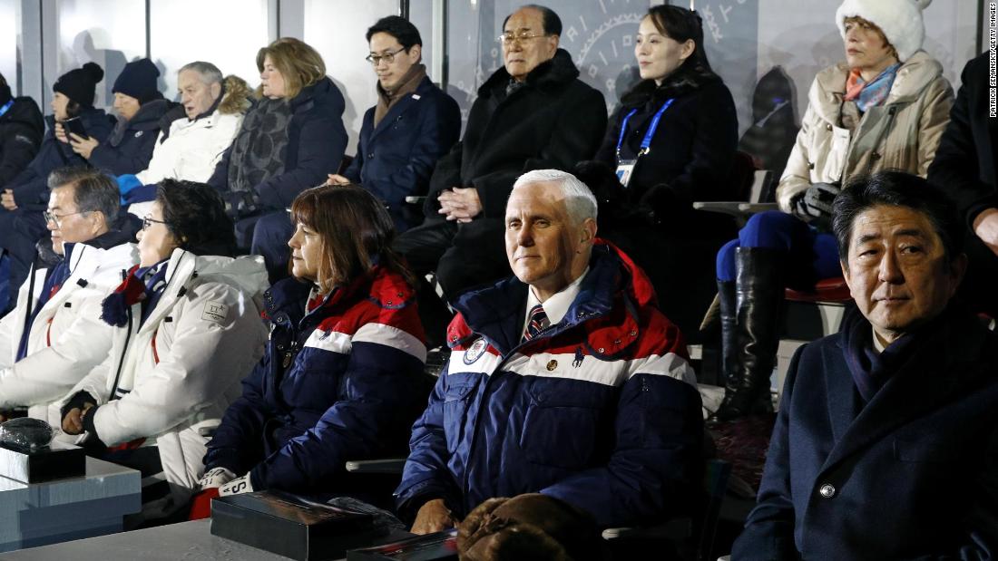 Vice President Mike Pence, second from bottom right, sits between second lady Karen Pence, third from from bottom left, and Japanese Prime Minister Shinzo Abe at the opening ceremony, behind Pence are Kim Yong Nam, third from top right, president of the Presidium of North Korean Parliament, and Kim Yo Jong, second from top right, sister of North Korean leader Kim Jong Un at the PyeongChang 2018 Winter Olympic Games at PyeongChang Olympic Stadium. 