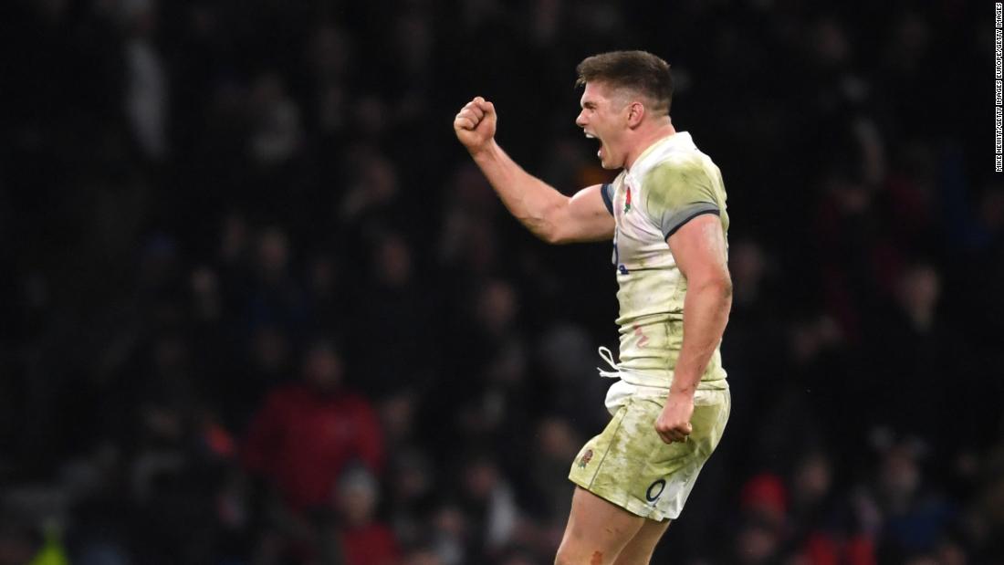 England&#39;s Owen Farrell celebrates his side&#39;s 12-6 victory over Wales during the second weekend of the Six Nations. 