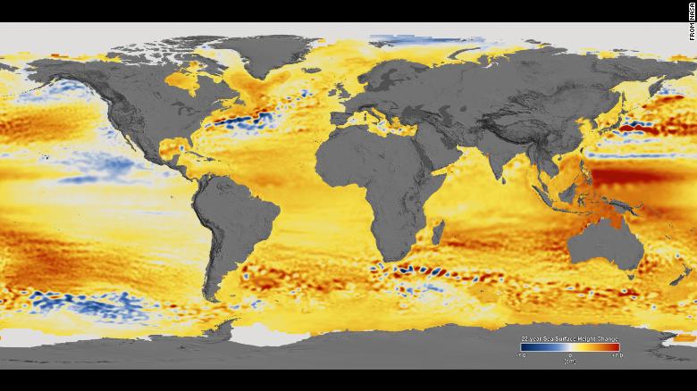 Changes in sea level observed between 1992 and 2014. Orange/red colors represent higher sea levels, while blue colors show where sea levels are lower.