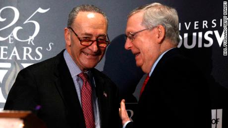 LOUISVILLE, KY - FEBRUARY 12: U.S. Senate Majority Leader Mitch McConnell (right) (R-KY) and U.S. Senate Democratic Leader Chuck Schumer (D-NY) shake hands after Shumer delivered a speech and answered questions at the University of Louisville&#39;s McConnell Center February 12, 2018 in Louisville, Kentucky. Sen. Schumer spoke at the event as part of the Center&#39;s Distinguished Speaker Series, and Sen. McConnell introduced him. (Bill Pugliano/Getty Images)