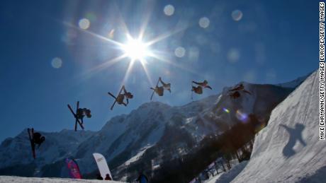 SOCHI, RUSSIA - FEBRUARY 05: (Editors Note: Image was created using multiple exposure) Beau-James Wells of New Zealand practices during training for Ski Slopestyle at the  Extreme Park at Rosa Khutor Mountain on February 5, 2014 in Sochi, Russia.  (Photo by Mike Ehrmann/Getty Images)