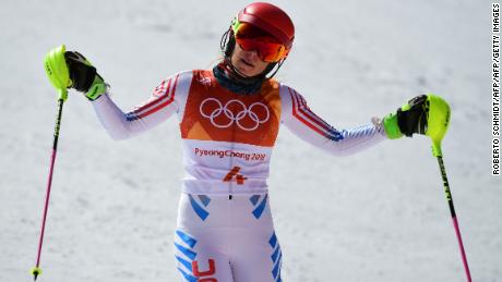 USA&#39;s Mikaela Shiffrin reacts after competing in the Women&#39;s Slalom at the Jeongseon Alpine Center during the Pyeongchang 2018 Winter Olympic Games in Pyeongchang on February 16, 2018. / AFP PHOTO / Roberto SCHMIDT        (Photo credit should read ROBERTO SCHMIDT/AFP/Getty Images)