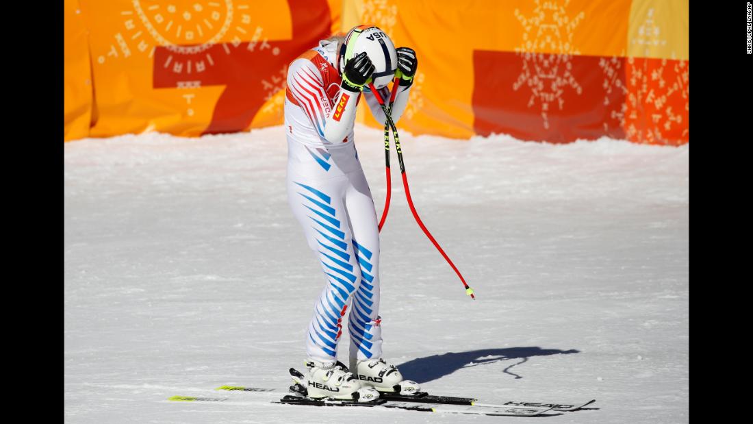 American skier Lindsey Vonn reacts after her super-G run. She finished tied for sixth after slipping near the end of her run.