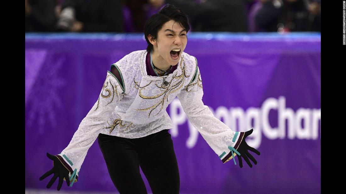 Japanese figure skater Yuzuru Hanyu performs his free skate on his way to winning the gold medal. Hanyu is the first man to repeat as Olympic champion since Dick Button in 1952.