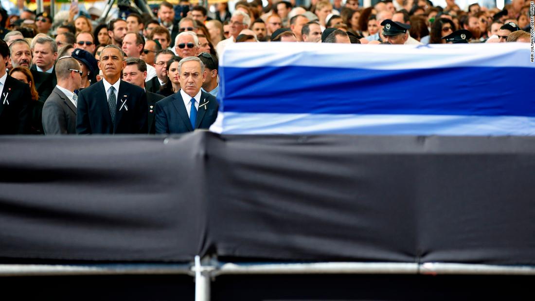 Netanyahu stands next to US President Barack Obama as they attend the funeral of former Israeli President Shimon Peres in September 2016.