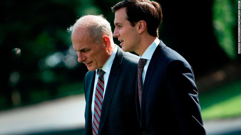 Senior Adviser Jared Kushner, at right, and White House Chief of Staff John Kelly follow US President Donald Trump to Marine One on the South Lawn of the White House in August. (AFP PHOTO / Brendan Smialowski)