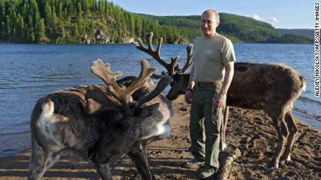 Russian President Vladimir Putin with deer in southern Siberia during a vacation in 2013.