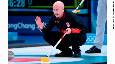 Canada&#39;s Kevin Koe during the curling men&#39;s semifinal game.