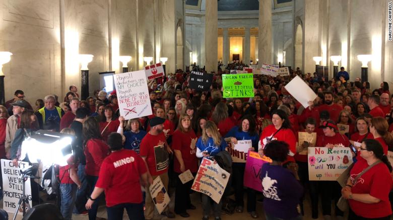 Striking teachers flood the state capitol in Charleston, West Virginia, Thursday February 22.