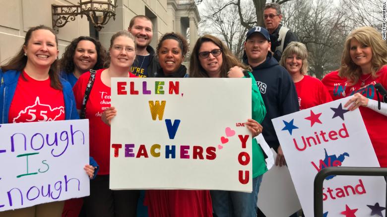 Teachers gathered at the state capitol building in Charleston, West Virgina, Thursday to demand higher wages and better benefits.