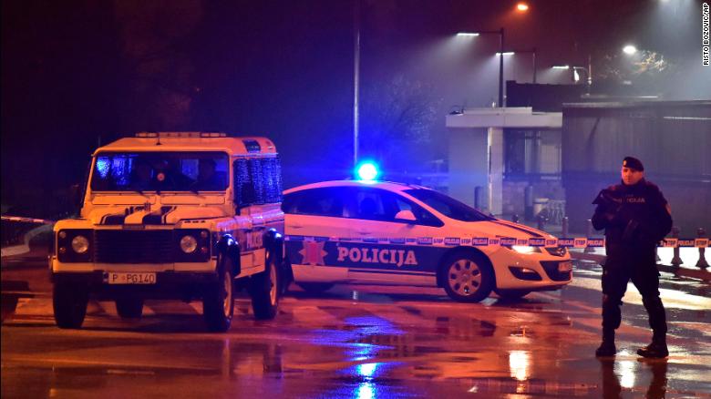 Police block off the area around the US Embassy in Montenegro&#39;s capital of Podgorica early Thursday.