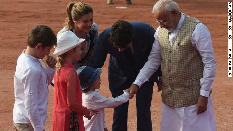 India's Prime Minister Narendra Modi meets Canada's Prime Minister Justin Trudeau's family at the Presidential Palace in New Delhi on February 23, 2018.