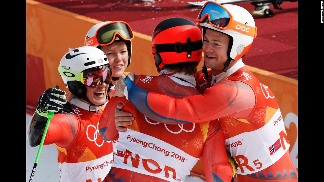 Norwegian skiers celebrate winning bronze in the team event. It was Norway&#39;s 38th medal of these Olympics, which breaks the record for most medals won by one country during a single Winter Games.