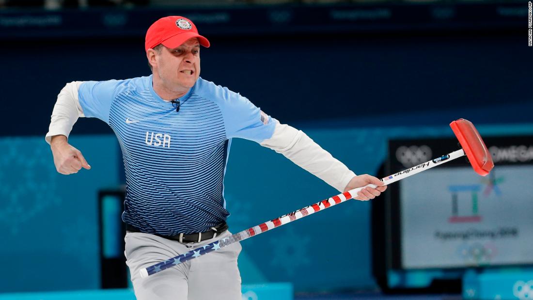 US skip John Shuster reacts during the men&#39;s curling final against Sweden. The Americans won gold in the event for the first time ever.