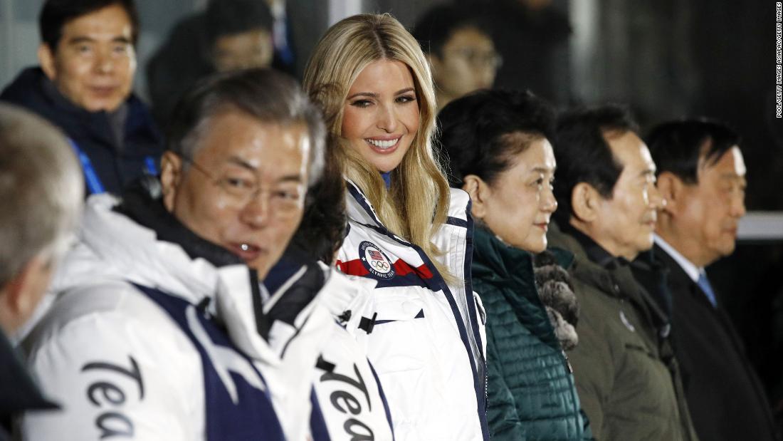PYEONGCHANG-GUN, SOUTH KOREA - FEBRUARY 25: Ivanka Trump (C) daughter of U.S. President Donald Trump, stands at the beginning of the closing ceremony of the 2018 Winter Olympics on day sixteen of the PyeongChang 2018 Winter Olympic Games on February 25, 2018 in Pyeongchang-gun, South Korea. Ivanka Trump is on a four-day visit to South Korea to attend the closing ceremony of the PyeongChang Winter Olympics. (Photo by Patrick Semansky - Pool /Getty Images)
