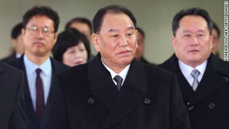 Kim Yong Chol (C), who leads a North Korean high-level delegation to attend the Pyeongchang 2018 Winter Olympic Games closing ceremony, arrives at the inter-Korea transit office in Paju on February 25, 2018.
The blacklisted North Korean general arrived in the South on February 25 for the Winter Olympics closing ceremony, which will also be attended by US President Donald Trump's daughter Ivanka. / AFP PHOTO / KOREA POOL / KOREA POOL / South Korea OUT        (Photo credit should read KOREA POOL/AFP/Getty Images)