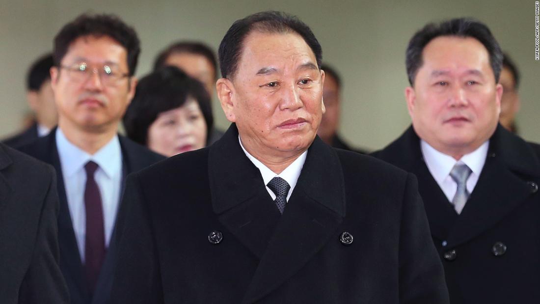 Kim Yong Chol (C), leads the North Korean delegation to Pyeongchang for the end of the Winter Games.