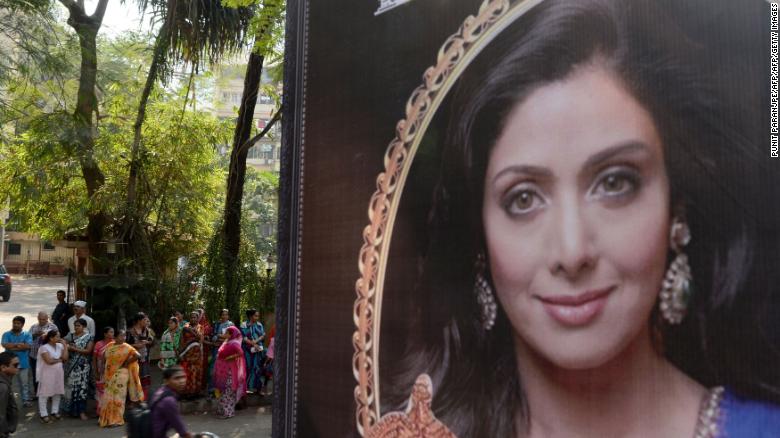 A picture of Sridevi is seen placed outside her residence in Mumbai on February 26, 2018, following her death. 
