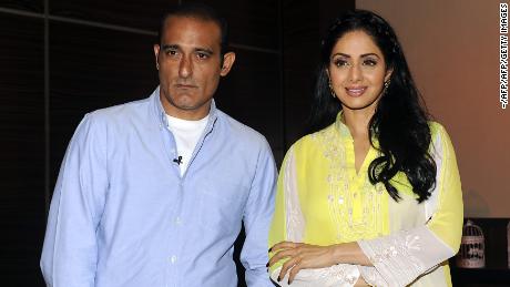 Actor Akshaye Khanna (L) attends a promotional event with Sridevi for the film "Mom in Mumbai" in June 2017. 